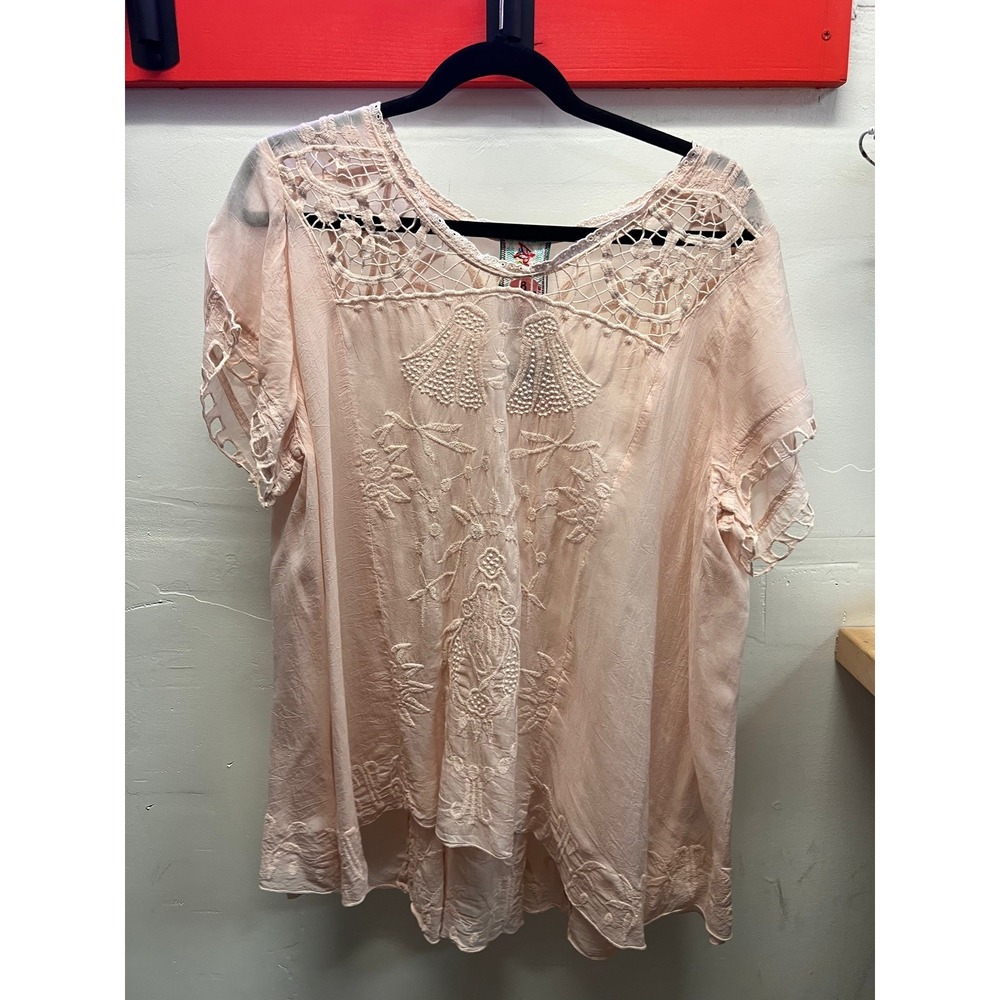 Johnny Was Pink Embroidered and Knit Blouse